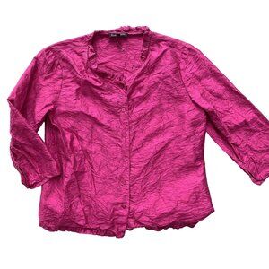 Eileen Fisher Blouse Silk Magenta Crinkle Mandarin Collar Shirt Button Size XS
